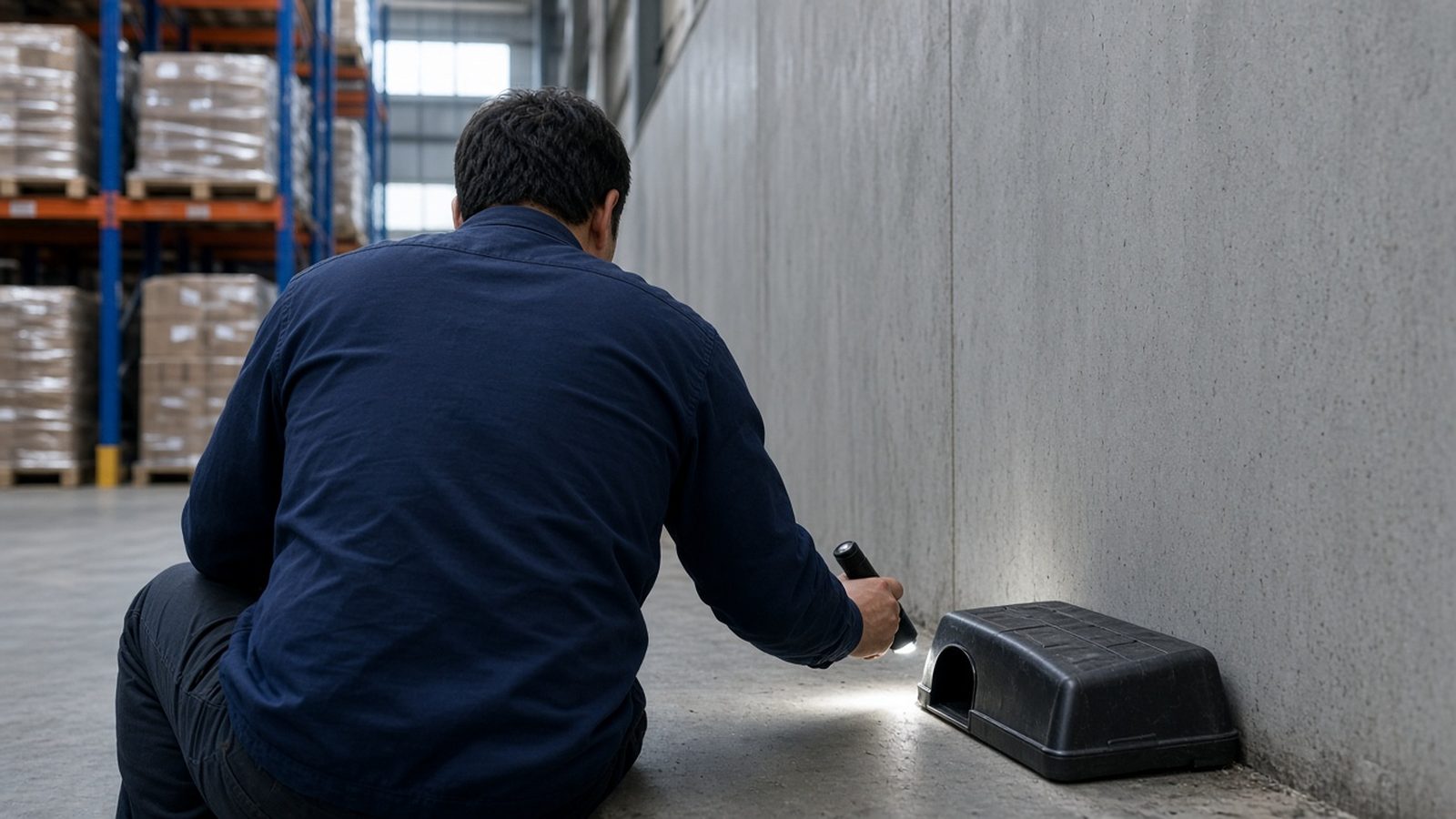 Pest control technician inspecting a rodent bait station in a warehouse