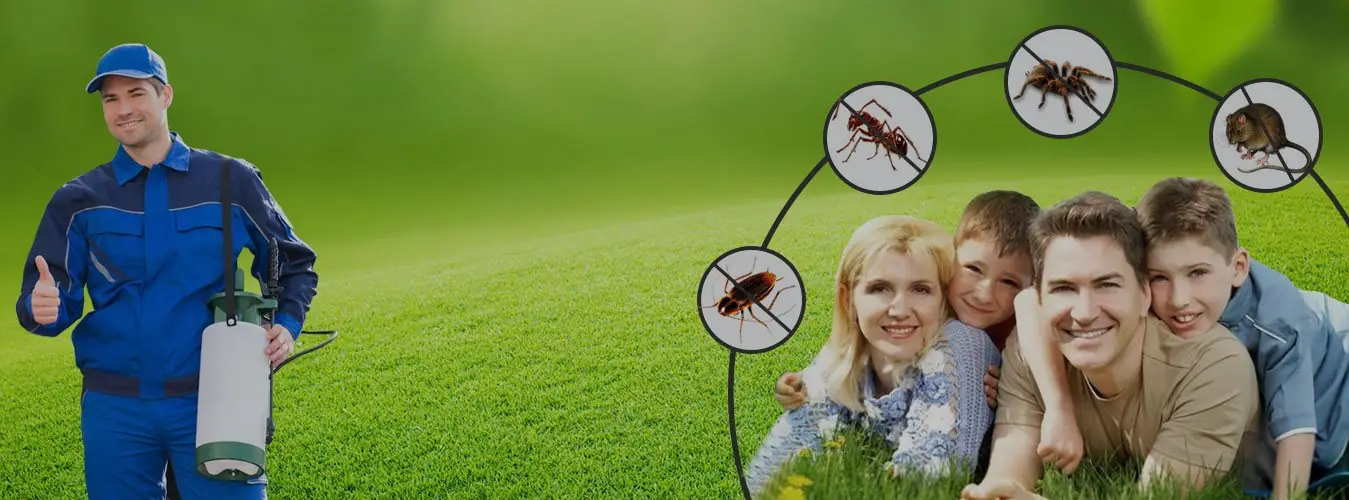 Smiling family lying on a green lawn under crossed-out ant, spider, cockroach and mouse icons, showing rat extermination in Brantford