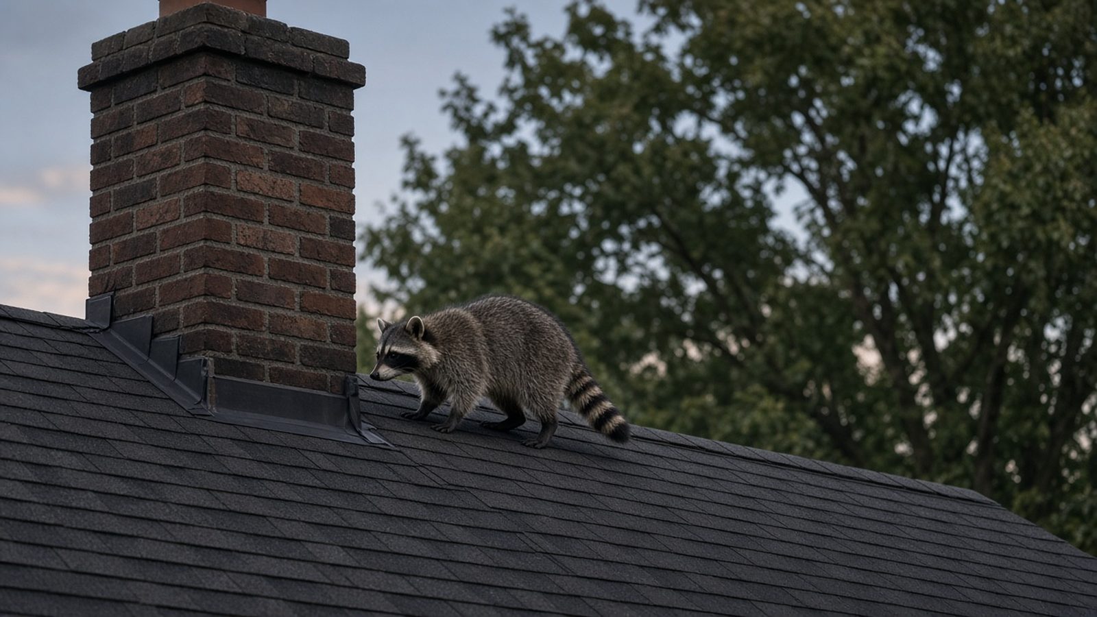 Raccoon on a shingled roof next to a brick chimney on a Brantford home