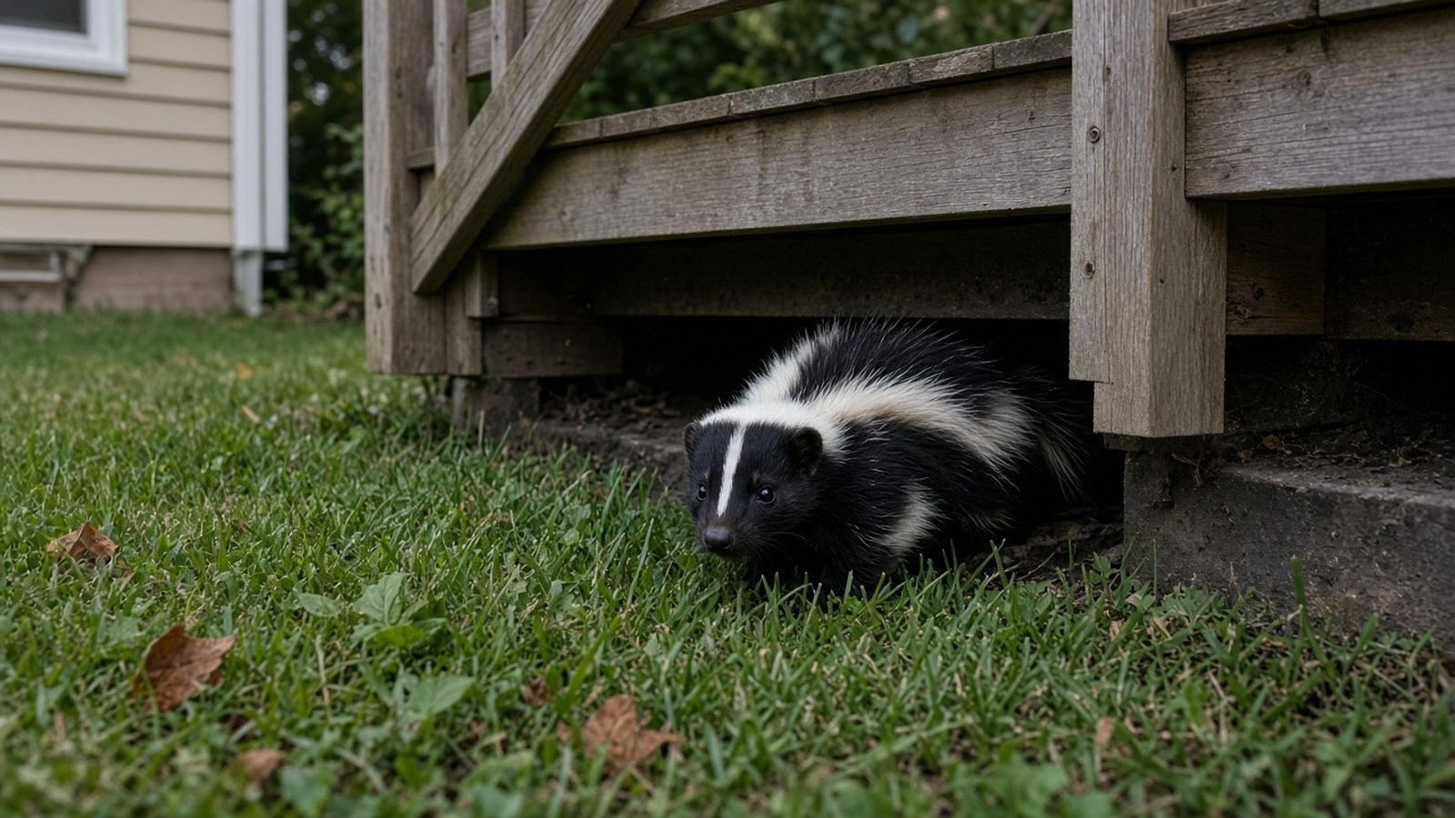 Striped skunk coming out from under a backyard deck
