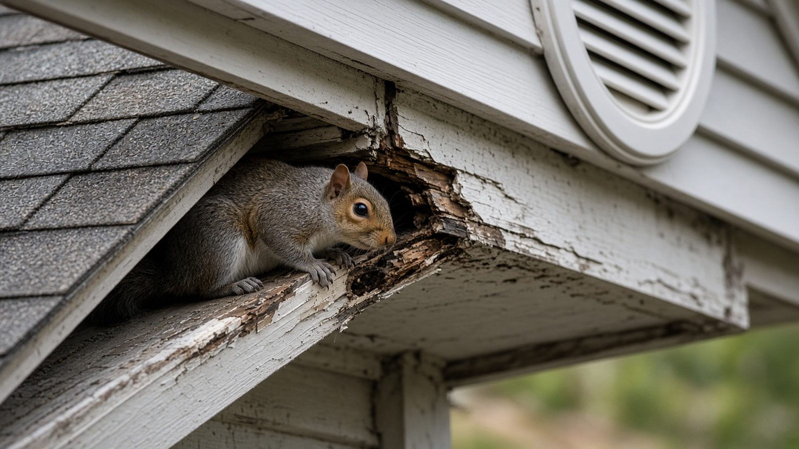 Grey squirrel at a chewed hole in the soffit beside a roof vent